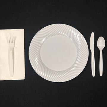 Disposable White plate with White Plastic Ware