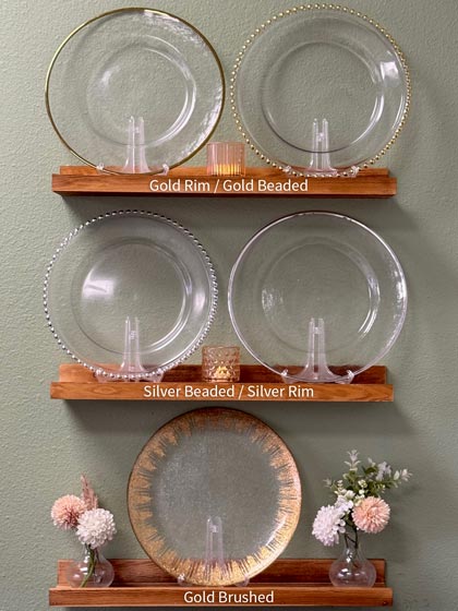 Glass Chargers - Gold Rim/Gold Beaded, Silver Beaded/Silver Rim, Gold Brushed